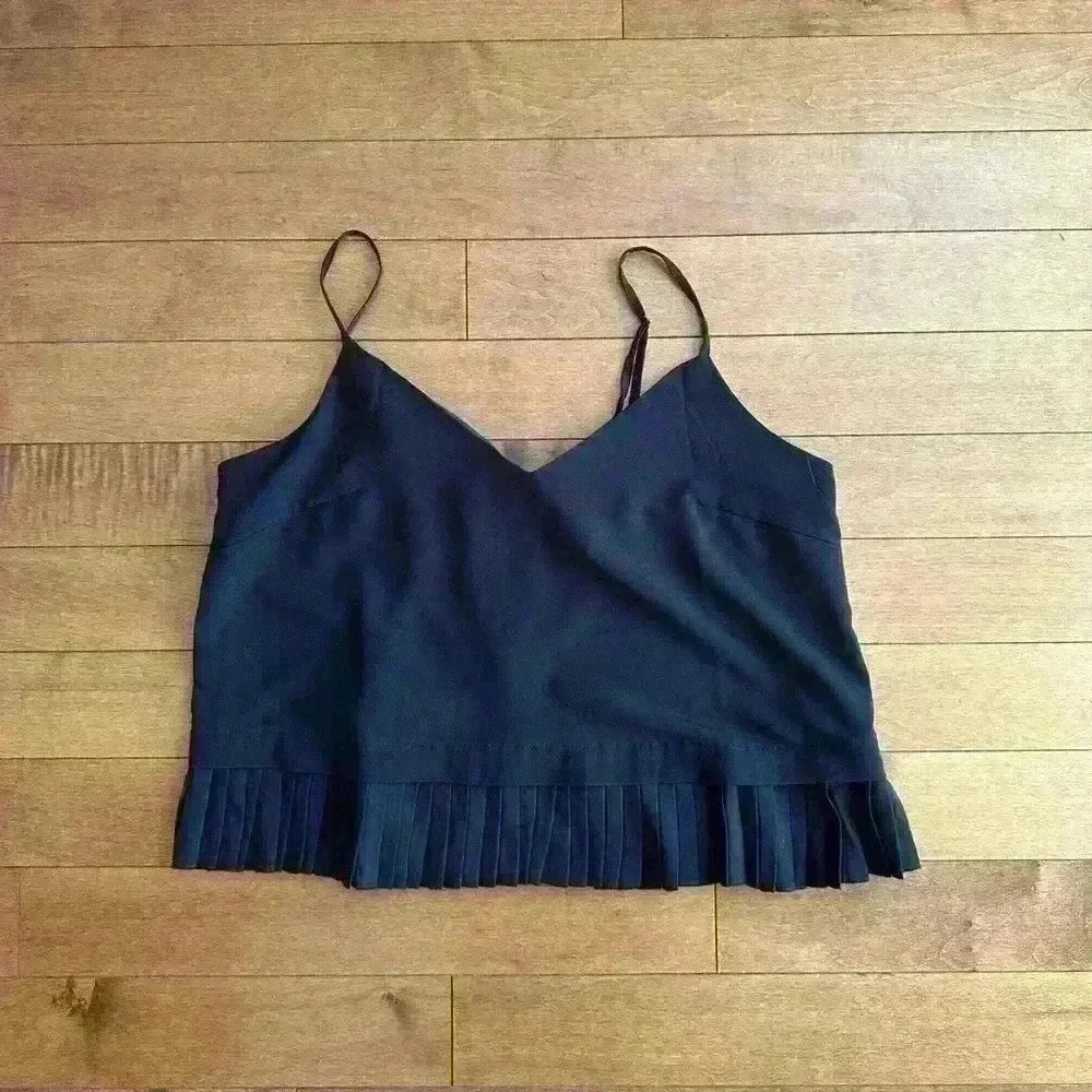 French Connection | Black fringe pleated boxy crop tank top size large